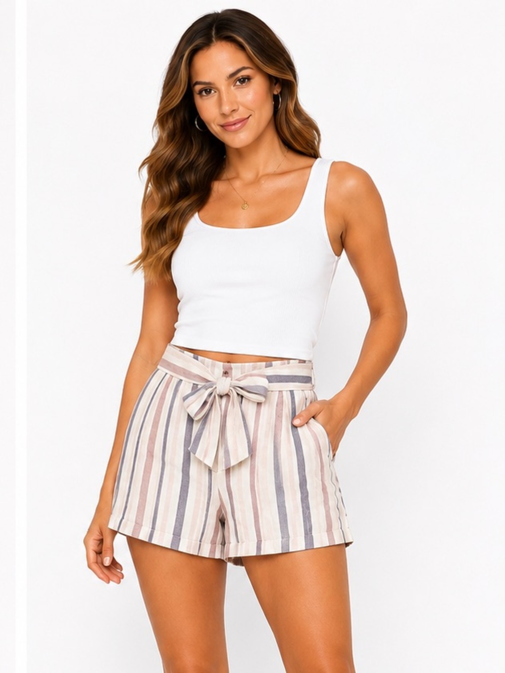 334. NWT Express Linen Blend High Rise Tie Waist Striped Shorts Size 16